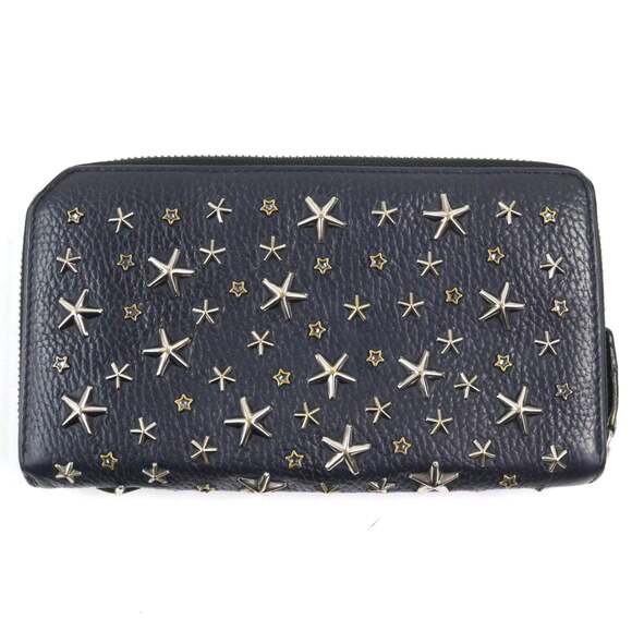 JIMMY CHOO Calfskin Leather Round Zip Wallet with Crystal Star Studs, Navy Bl... - Picture 2 of 11